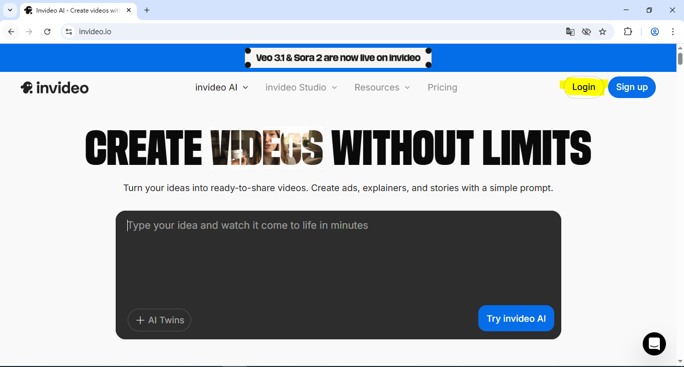 在 InVideo 輸入提示詞的介面